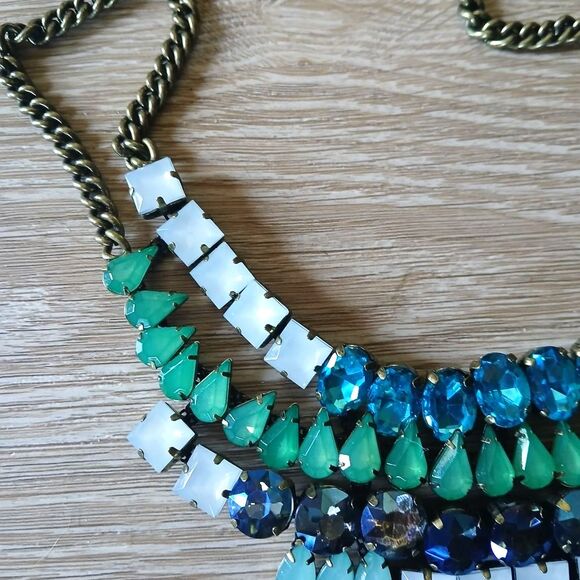 BR Banana Republic Statement Necklace Bib Mosiac Blue Rhinestone Charm - Picture 8 of 9